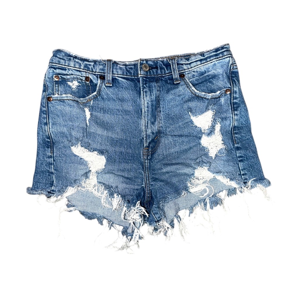 F1 Abercrombie Mom Shorts 29 High Rise Distressed Cut Off Denim Raw Hem Festival